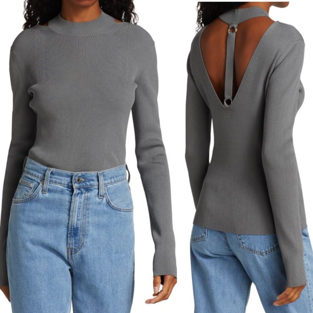 Helmut Lang Ring Cutout Mockneck Ribbed Knit‎ Sweater Steel Gray Size Large